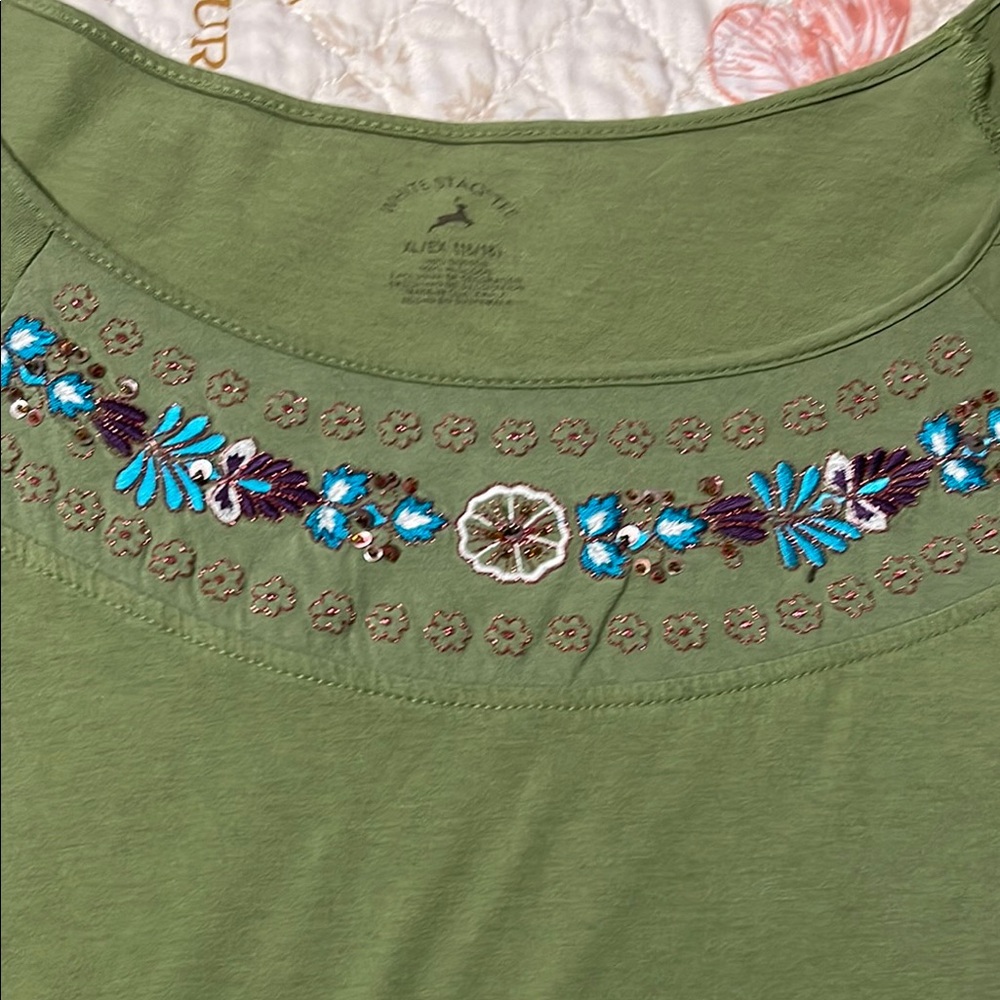 White Stage Olive Green Embroidered Women's Top